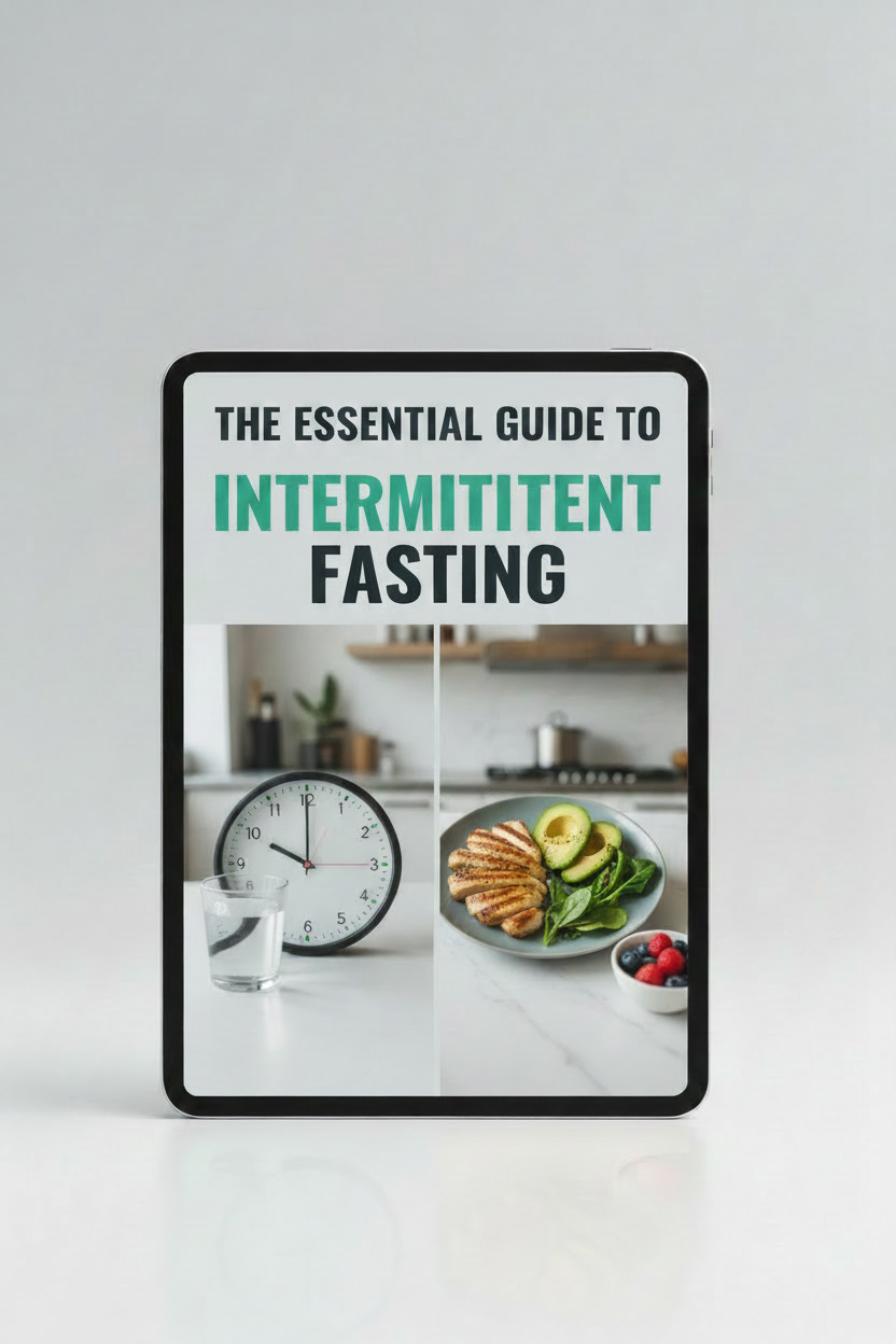 A framed or bordered book/guide cover titled "STRENGTH TRAINING ESSENTIALS" stands upright against a light gray background. The cover has a white upper section with bold black and teal text, and a lower photo panel showing a man squatting with a barbell in a gym.