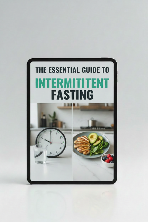 A framed or bordered book/guide cover titled "STRENGTH TRAINING ESSENTIALS" stands upright against a light gray background. The cover has a white upper section with bold black and teal text, and a lower photo panel showing a man squatting with a barbell in a gym.